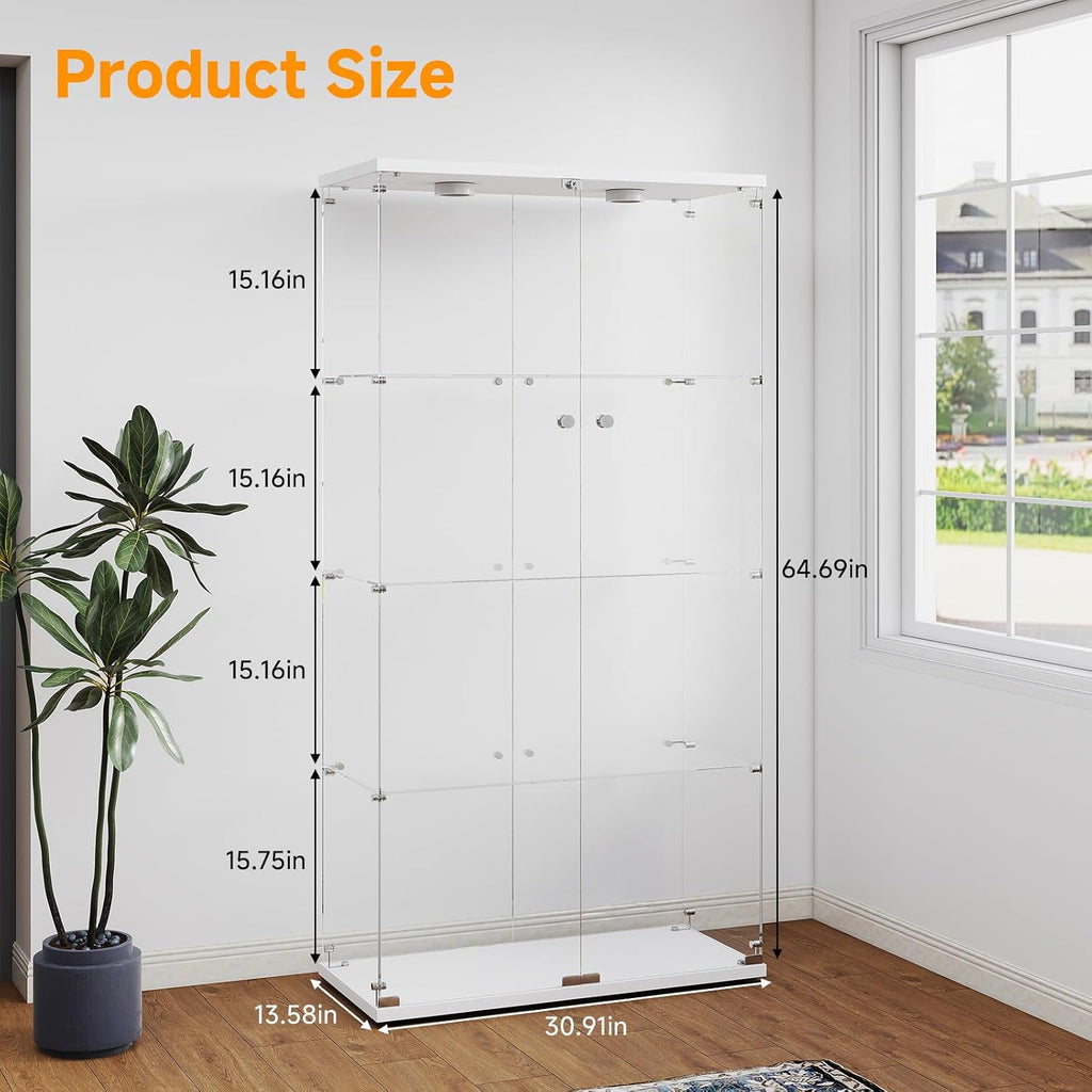 Zevemomo Tempered Glass Display Cabinet with Lights, 4-Tier Curio Cabinet with Glass Doors and Lock, Glass Display Case for Collectibles, for Living Room, Bedroom, Office, Double Door, White