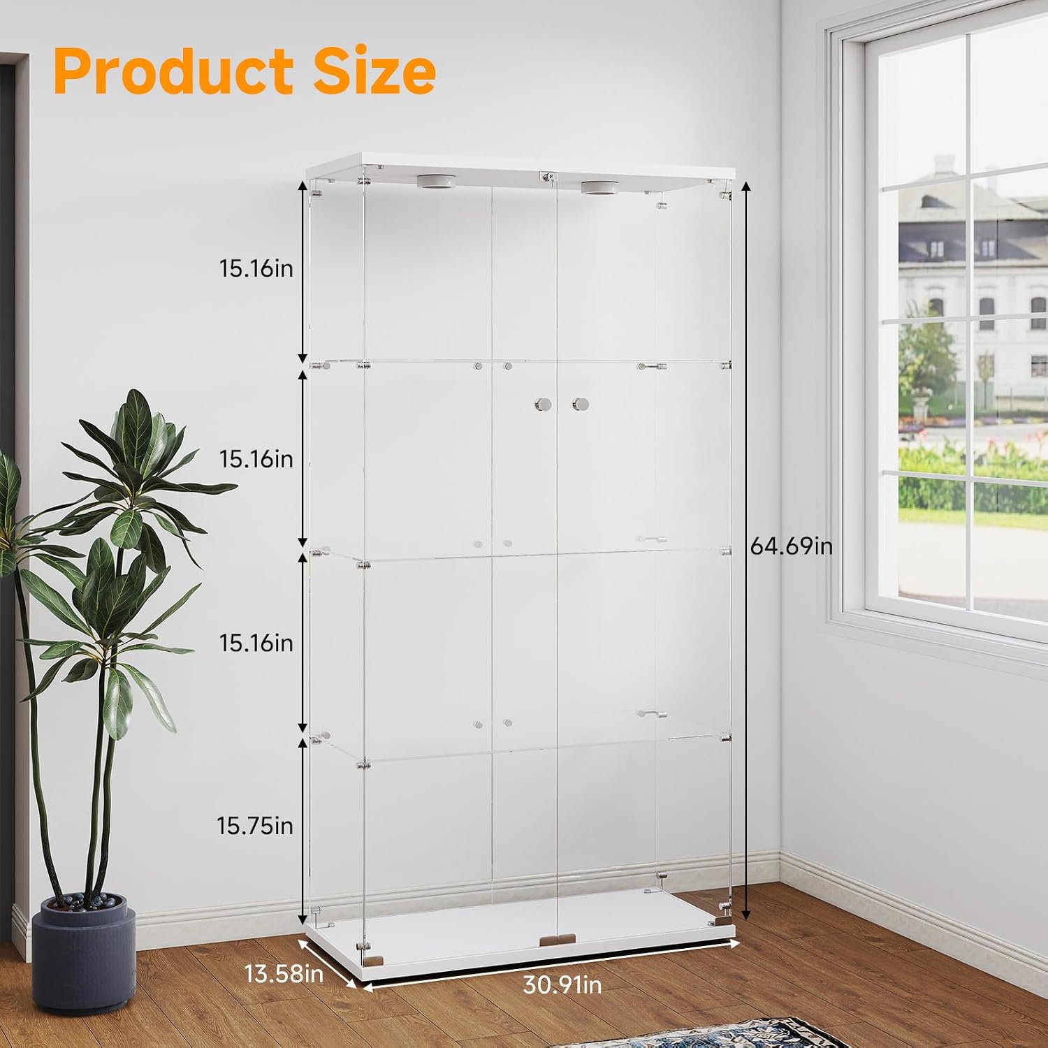 Zevemomo Tempered Glass Display Cabinet with Lights, 4-Tier Curio Cabinet with Glass Doors and Lock, Glass Display Case for Collectibles, for Living Room, Bedroom, Office, Double Door, White