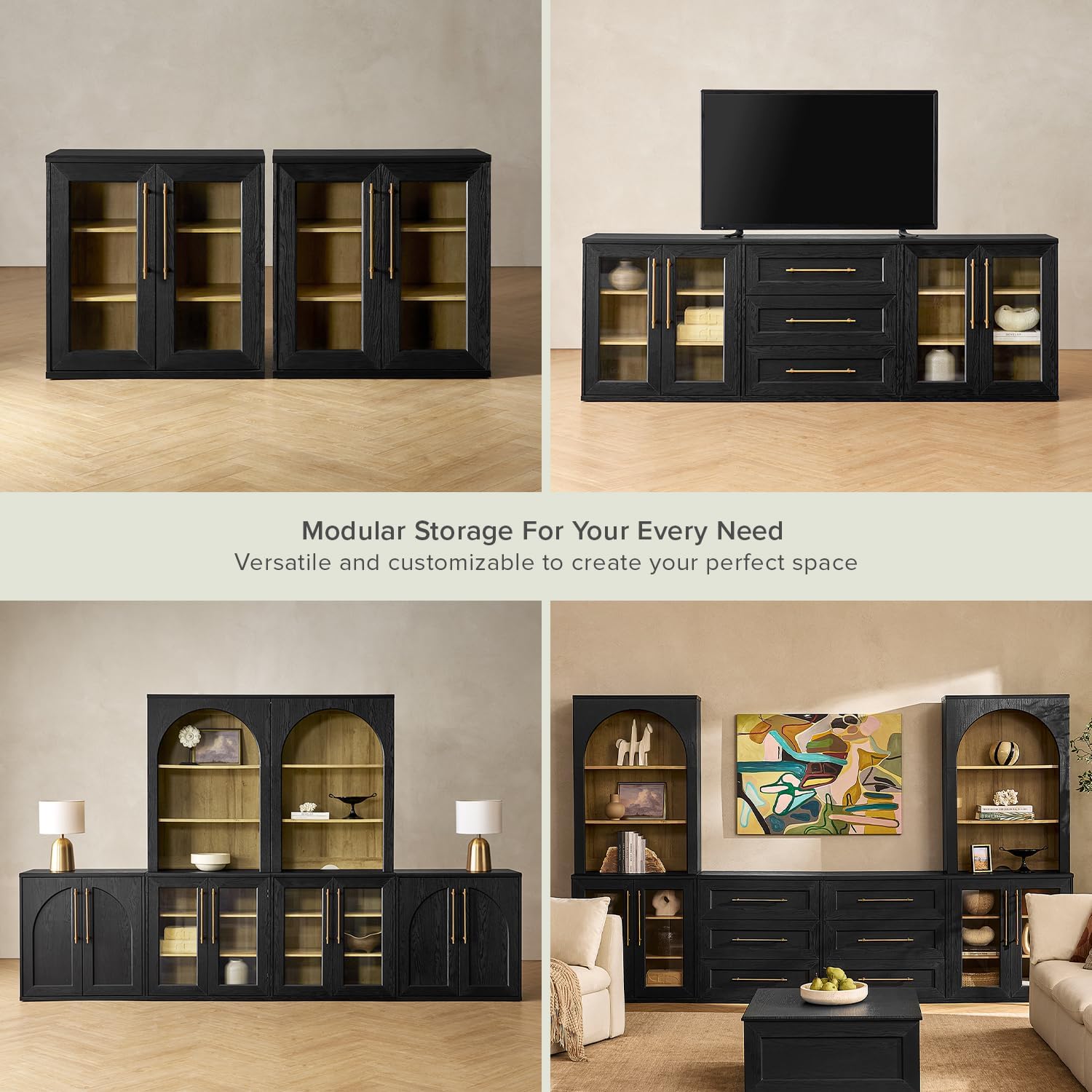 mopio Blake Storage Cabinet, Small Modular Accent Display Sideboard Buffet Cabinet with Storage, Media Console Credenza, for Kitchen, Coffee Bar, Pantry, (Black Oak Acrylic, Single)