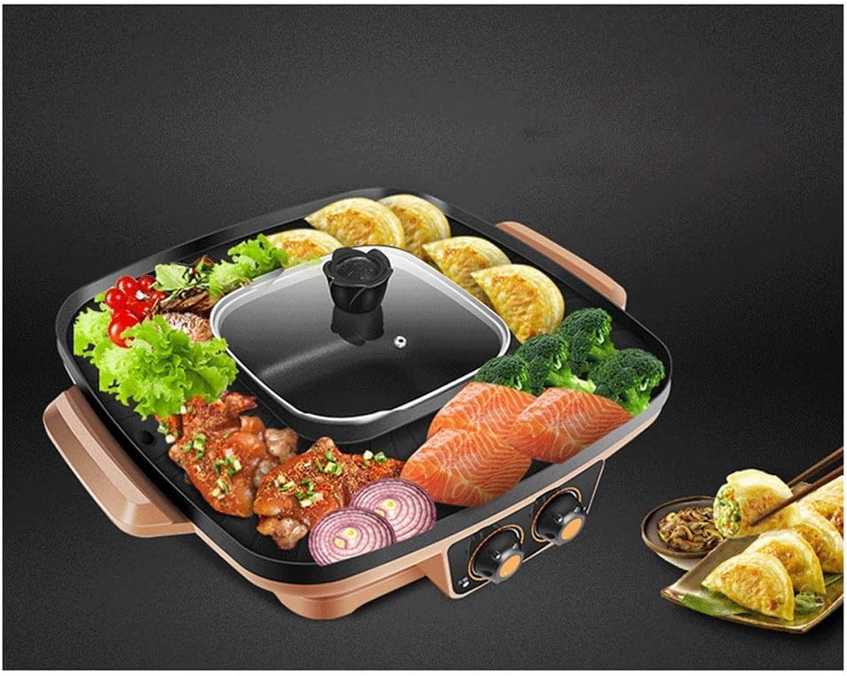 Barbecue Grill Grilled hot Pot with one Pot -Electric Grill Indoor Hot Pot Multifunctional, Indoor Teppanyaki Grill/Pot with Divider - Separate Dual Temperature