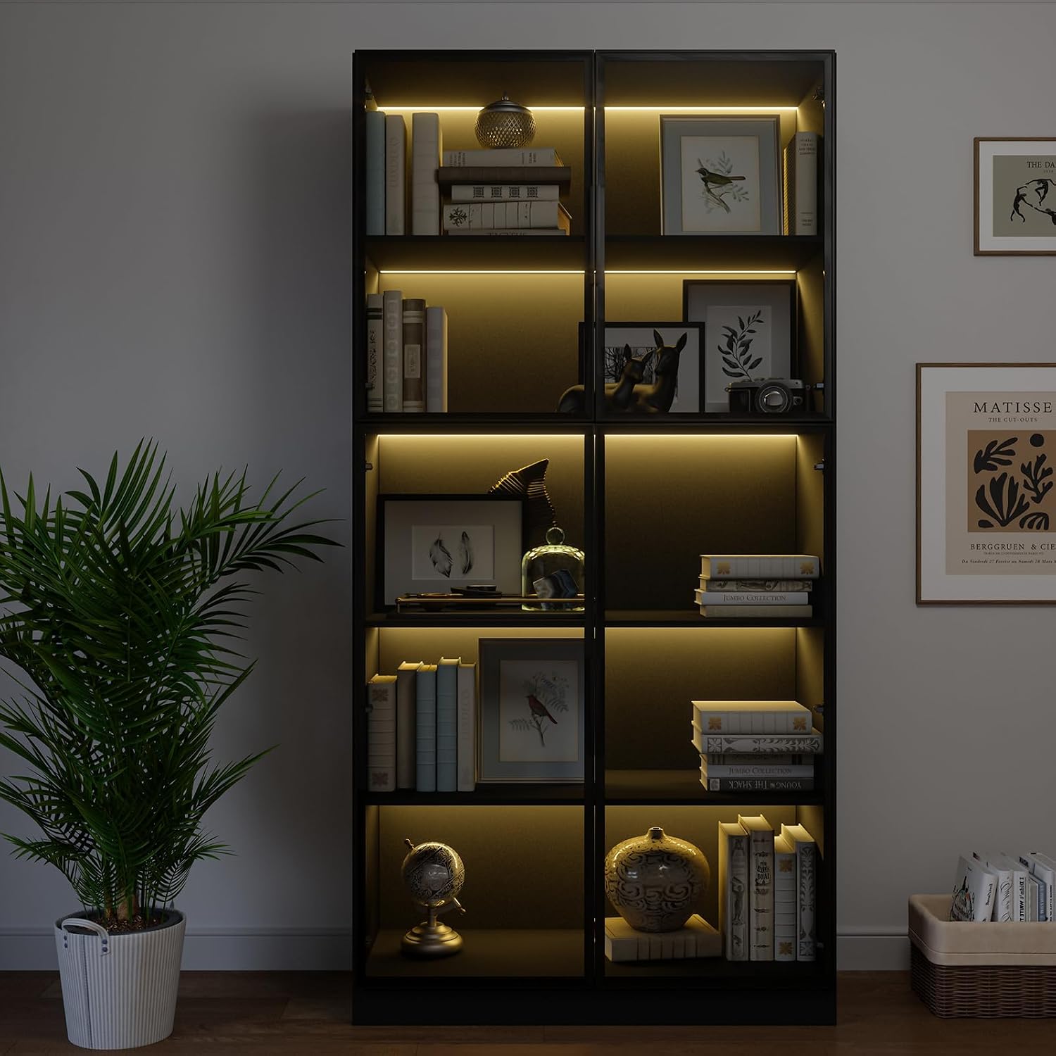 Bobve 78.7' Display Cabinet with 4 Glass Doors, 5 -Tier Storage Cabinet with APP Control LED Lights, Tall Black Bookcase with Storage, Wooden Display Case for Collectible, Living Room, Office(Black)