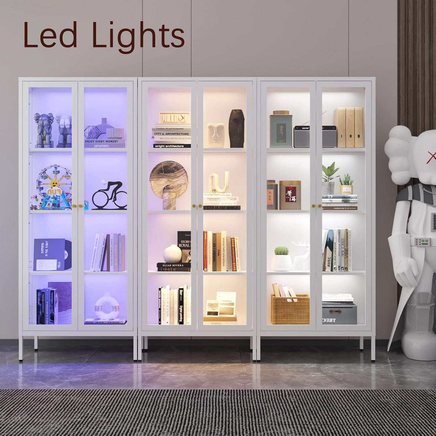 Display Cabinet with Glass Doors, 66' Curio Cabinet with 3 Color Lights, 4 Tier Display Case for Collectibles, Bookcase with Doors for Living Room