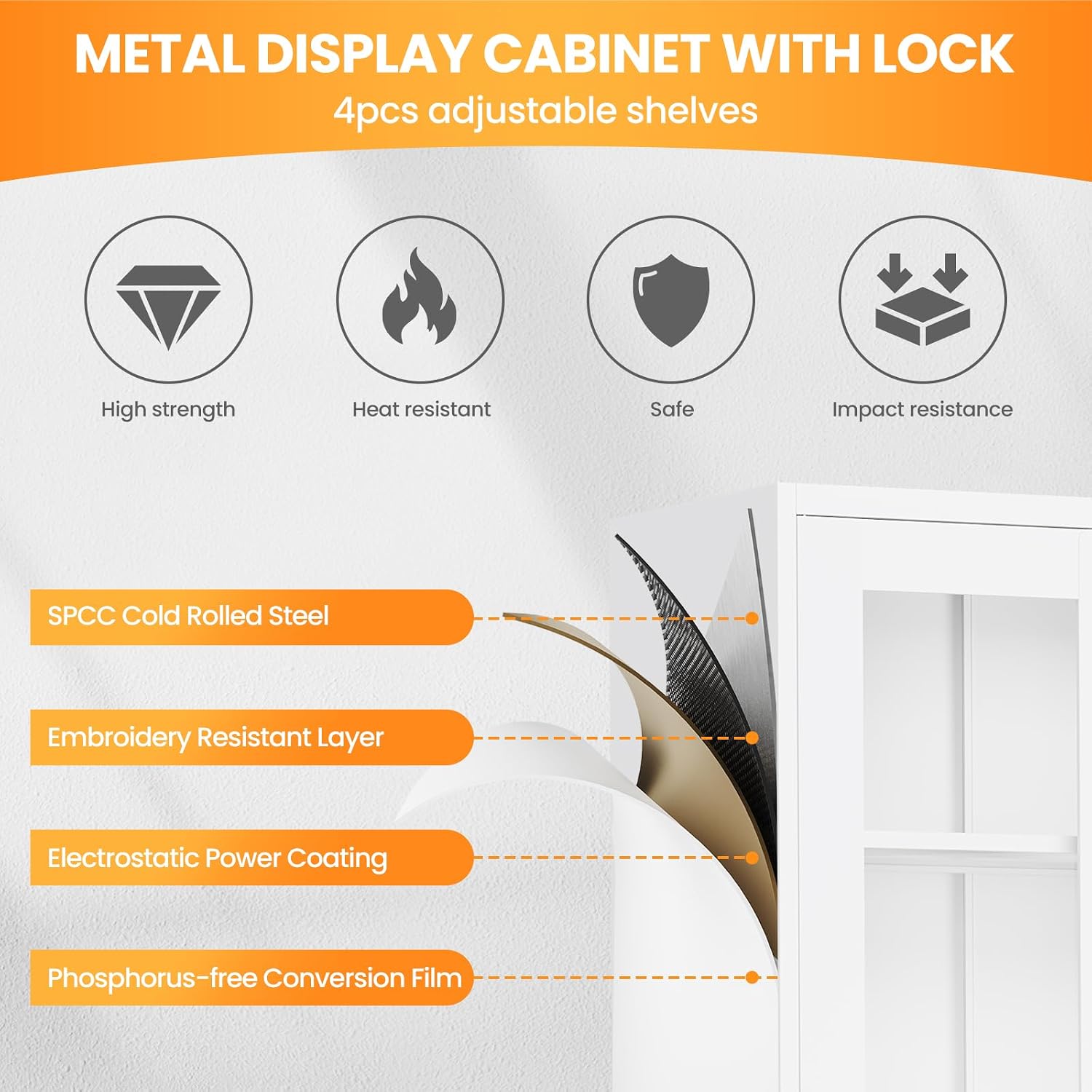 Locking Display Cabinet with Glass Door, 71'H Metal Curio Cabinets with Adjustable Shelves, White Liquor Caninet Display Case for Living Room, Collectibles, Clinic, Home - Assembly Required