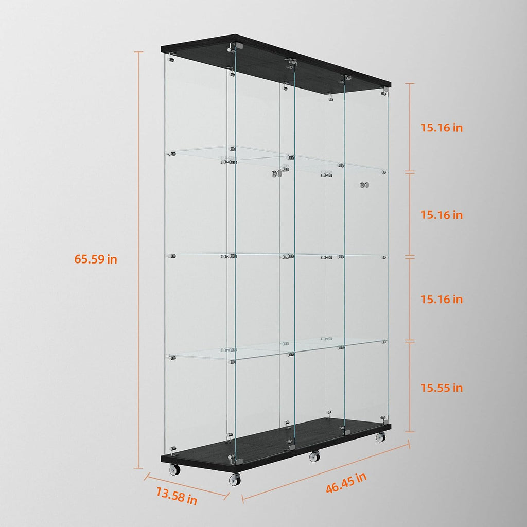 Glass Display Cabinet with 4 Shelves Extra Large,LED Lights and Wheels, Rolling 2 Doors Curio Cabinet with Lock 64.88' High Led Curio Display Cabinet Showcase for Living Room,Bedroom,Black