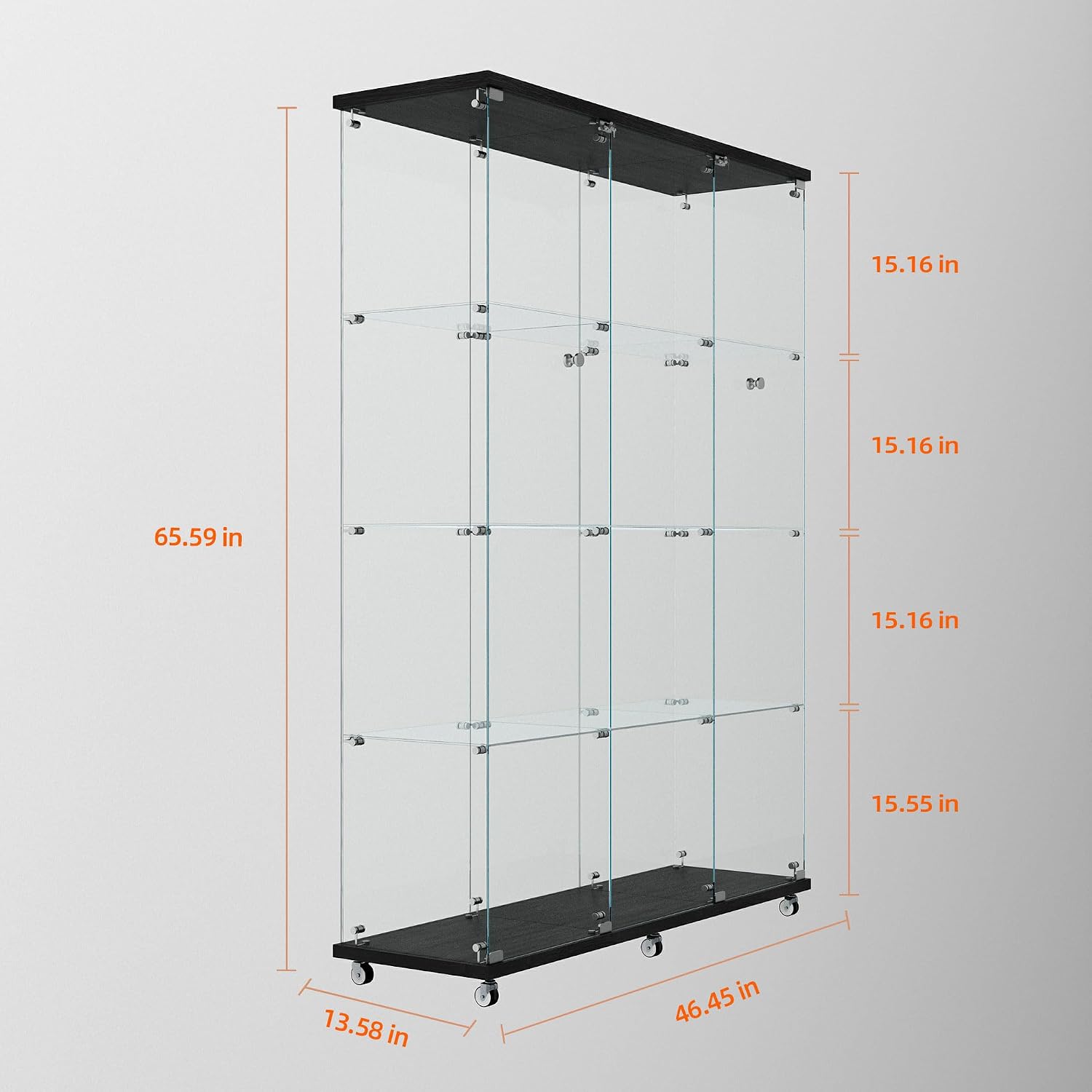 Glass Display Cabinet with 4 Shelves Extra Large,LED Lights and Wheels, Rolling 2 Doors Curio Cabinet with Lock 64.88' High Led Curio Display Cabinet Showcase for Living Room,Bedroom,Black
