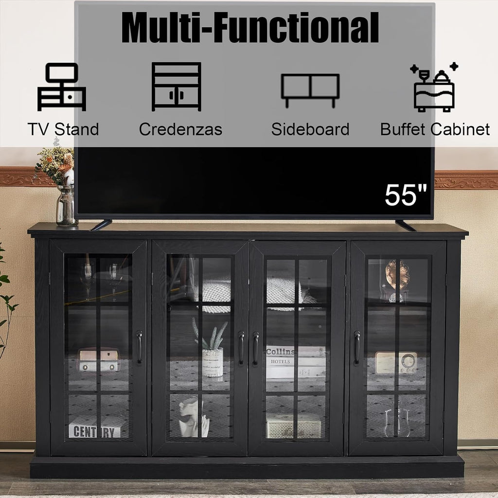 AMERLIFE 63' Sideboard, 6 Adjustable Shelves Sideboard Buffet Cabinet with 4 Doors, Accent Storage Credenzas for Dining Room, Living Room, Classic Black
