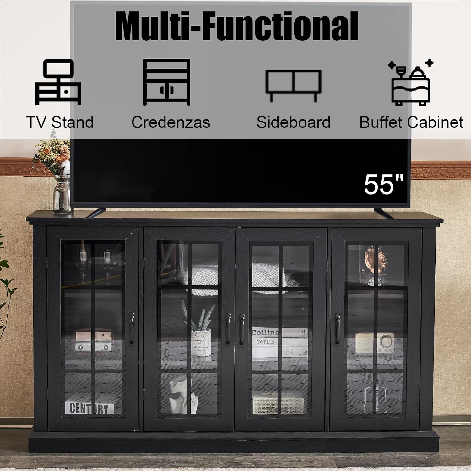 AMERLIFE 63' Sideboard, 6 Adjustable Shelves Sideboard Buffet Cabinet with 4 Doors, Accent Storage Credenzas for Dining Room, Living Room, Classic Black