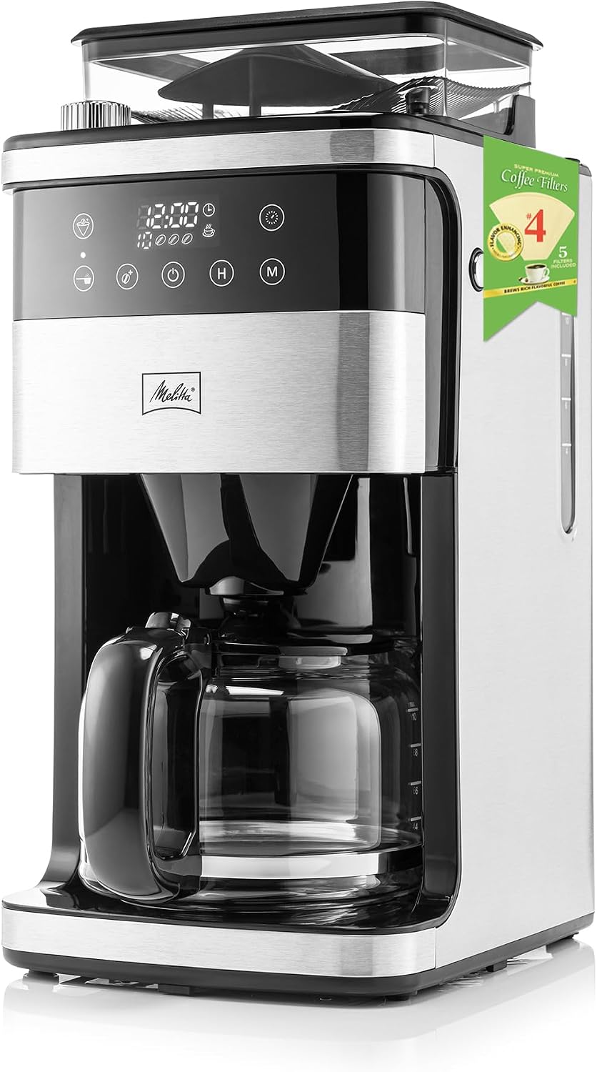 Melitta® Aroma Fresh™ Plus 10-Cup Automatic Drip, Programmable Coffee Maker with built in Burr Coffee Grinder, 5-Pack Coffee Filters included