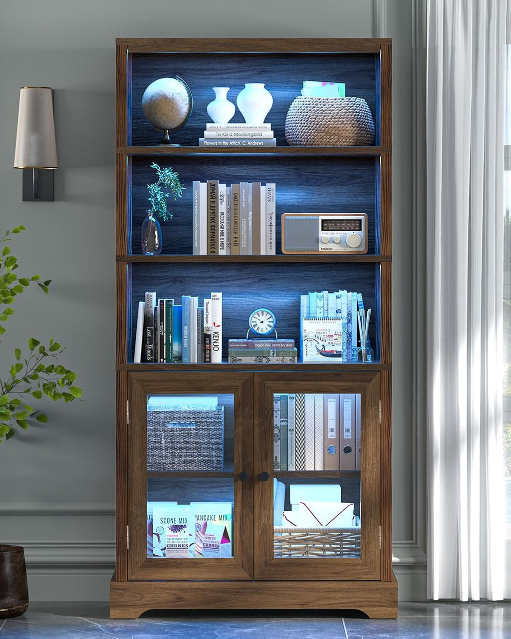 TVU 5-Tier Bookshelf, 65' Bookshelf with Multi-Color Ambient Lights (APP Remote Control), Tall Display Shelf with Cabinet Doors, Suitable for Living Room, Bedroom, Study, Office, Rustic Brown