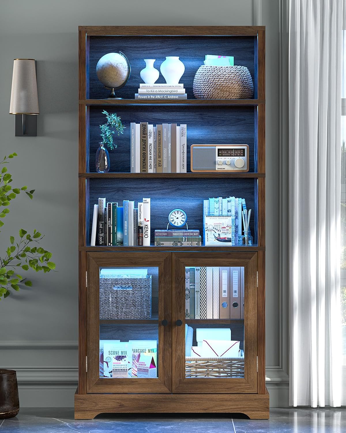 TVU 5-Tier Bookshelf, 65' Bookshelf with Multi-Color Ambient Lights (APP Remote Control), Tall Display Shelf with Cabinet Doors, Suitable for Living Room, Bedroom, Study, Office, Rustic Brown