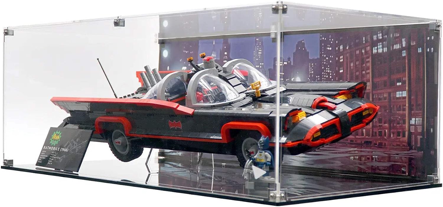 Display Case Compatible with Lego 76328 - Batman: The Classic TV Series Batmobile - Acrylic Dustproof Showcase with Pre-Printed Background - Set Not Included
