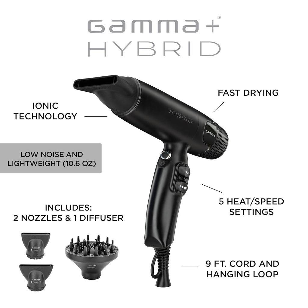 GAMMA+ Hybrid Professional Hair Dryer Lightweight, Ionic Technology, Low Noise with 2 Nozzles and Diffuser