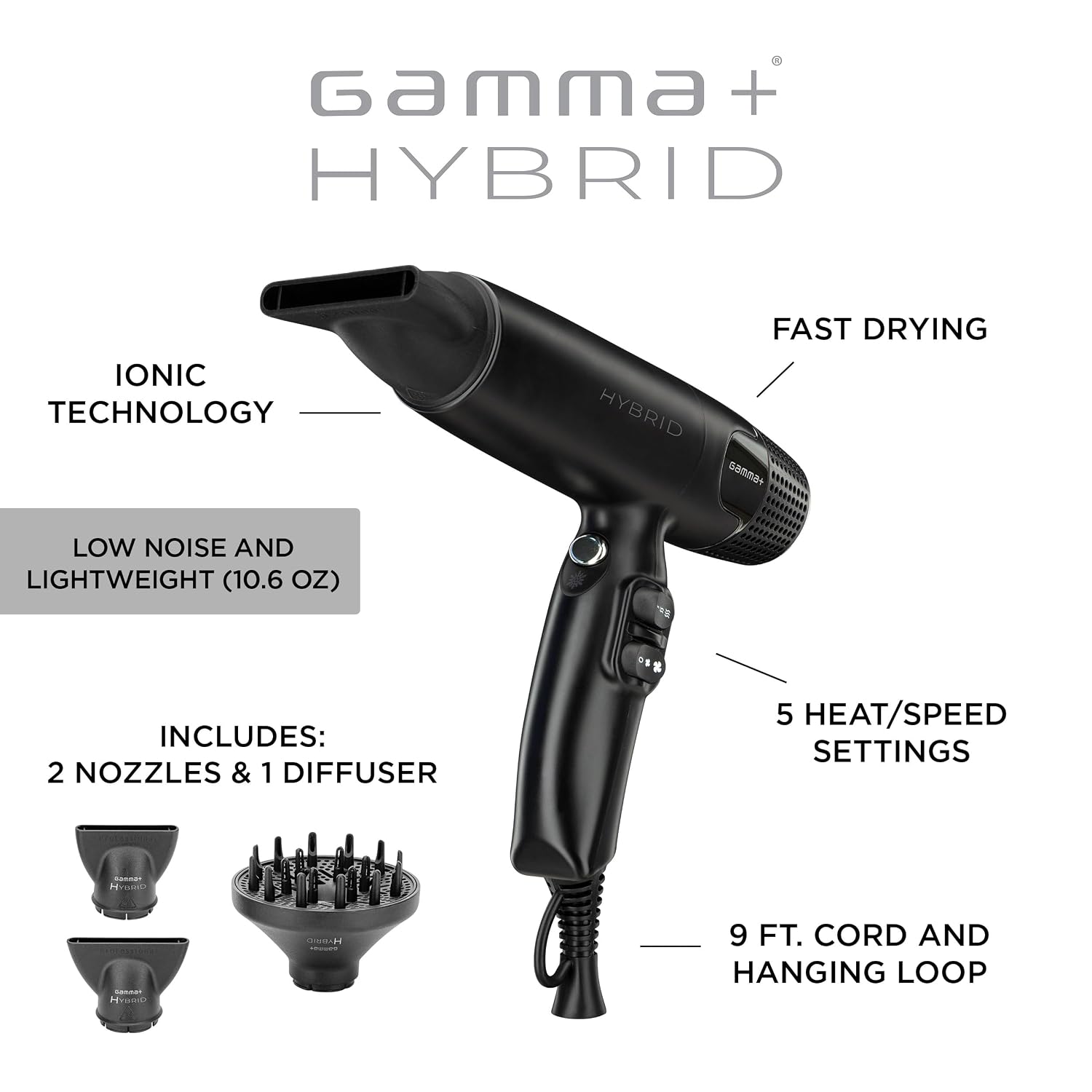GAMMA+ Hybrid Professional Hair Dryer Lightweight, Ionic Technology, Low Noise with 2 Nozzles and Diffuser