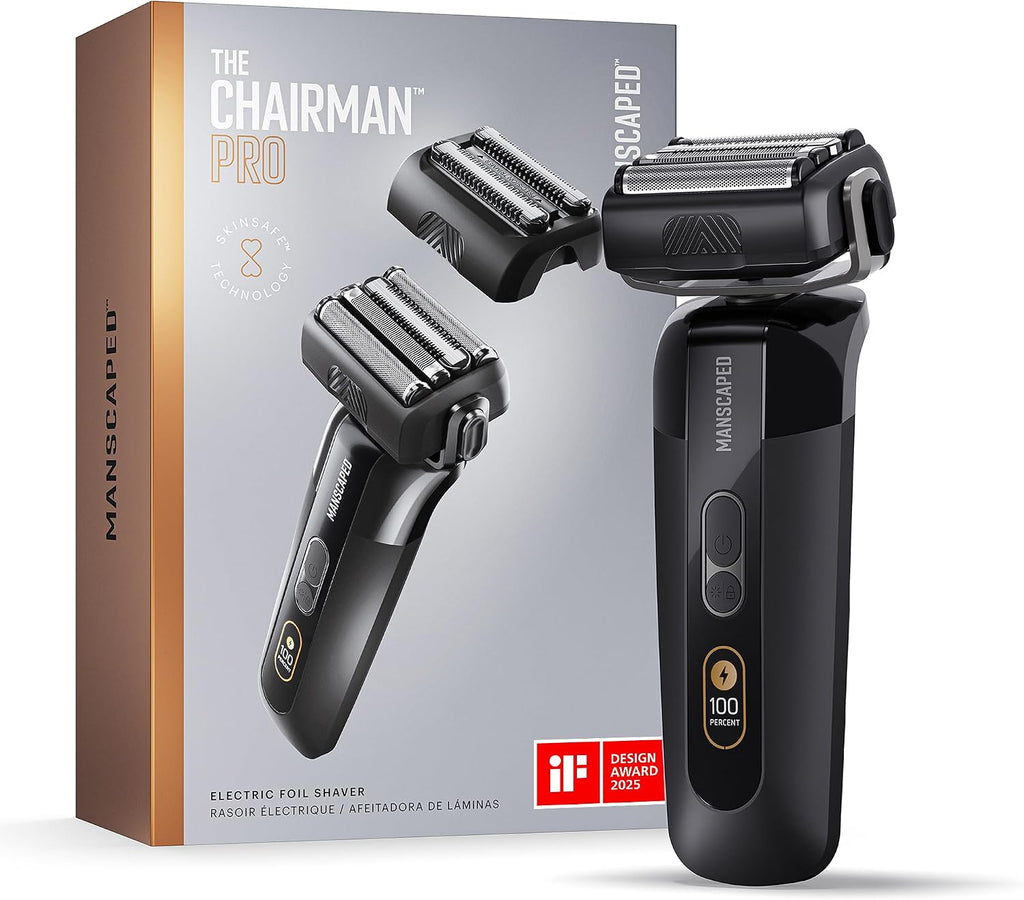 MANSCAPED® The Chairman™ PRO Men's Electric Foil Face Shaver - Two Interchangeable Blade Heads, SkinSafe® Four-Blade Foil & Stubble Trimmer, USB-C Wireless Compatible Charging, Gentle on Neck