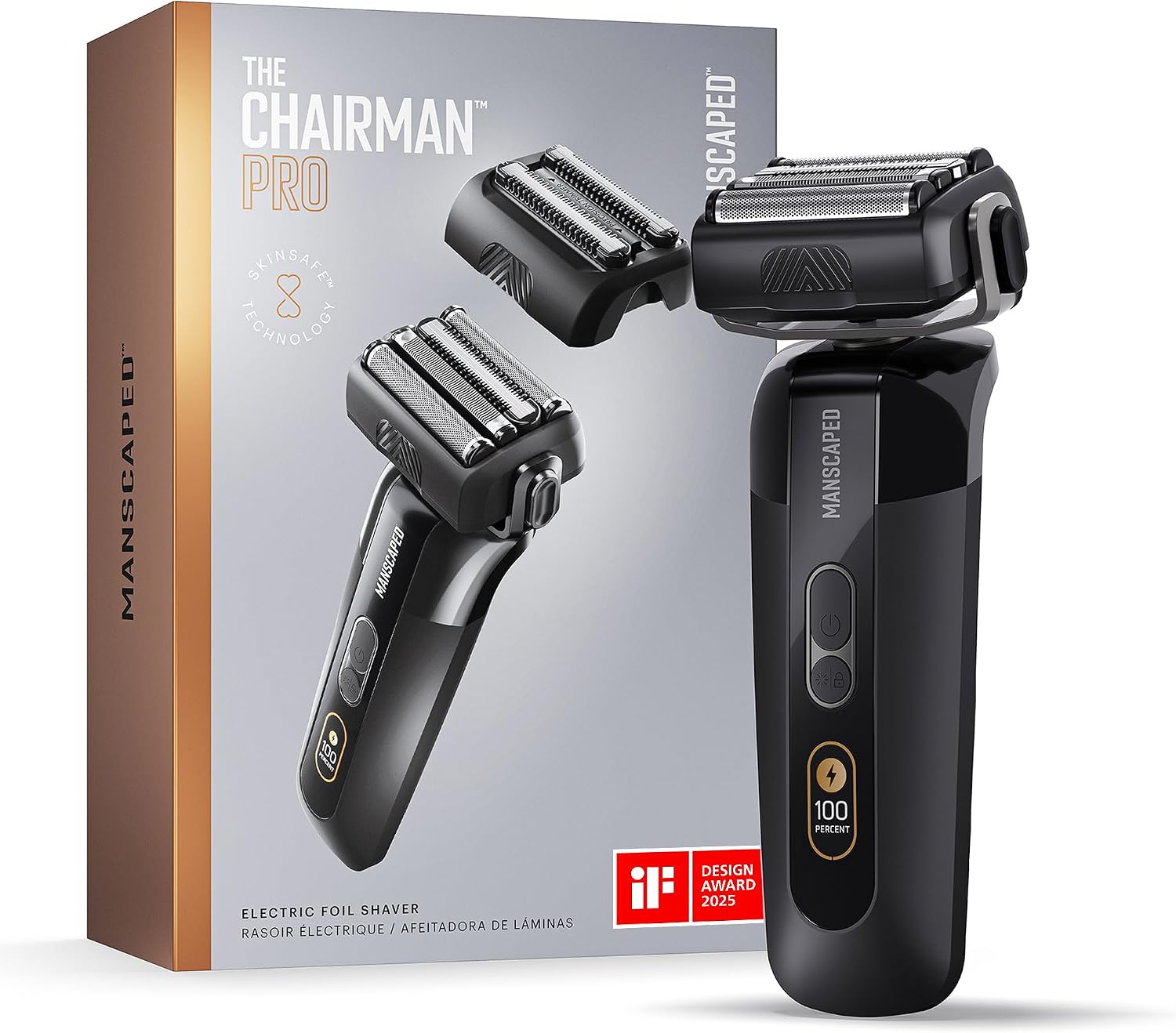 MANSCAPED® The Chairman™ PRO Men's Electric Foil Face Shaver - Two Interchangeable Blade Heads, SkinSafe® Four-Blade Foil & Stubble Trimmer, USB-C Wireless Compatible Charging, Gentle on Neck