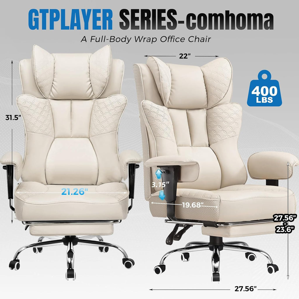 GTPLAYER Big and Tall Office Chair, Wide Ergonomic Gaming Chair with Deluxe Embossing Designed Leather with Foot Rest,150°Reclining Adjustable Soft Armrests Pocket Spring Back Support and Pillow