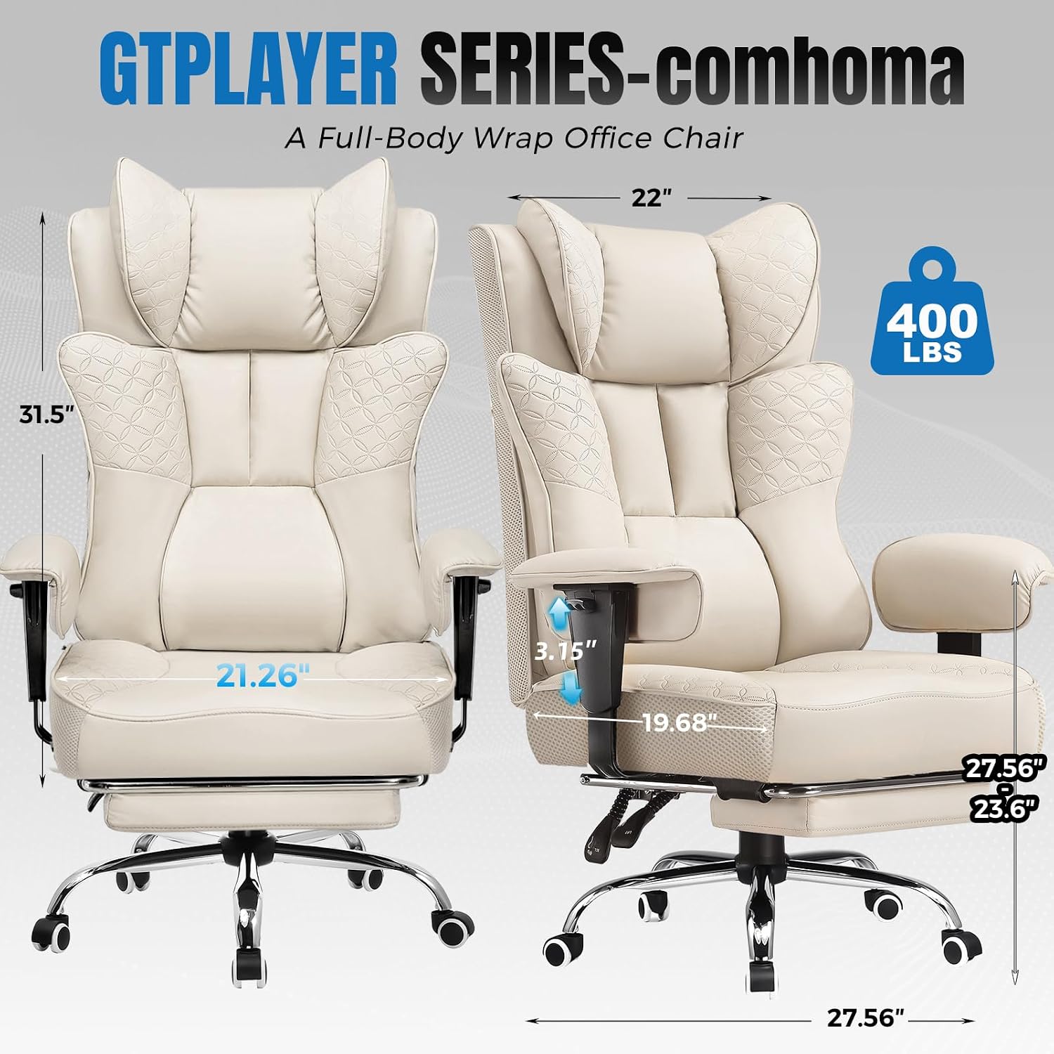 GTPLAYER Big and Tall Office Chair, Wide Ergonomic Gaming Chair with Deluxe Embossing Designed Leather with Foot Rest,150°Reclining Adjustable Soft Armrests Pocket Spring Back Support and Pillow