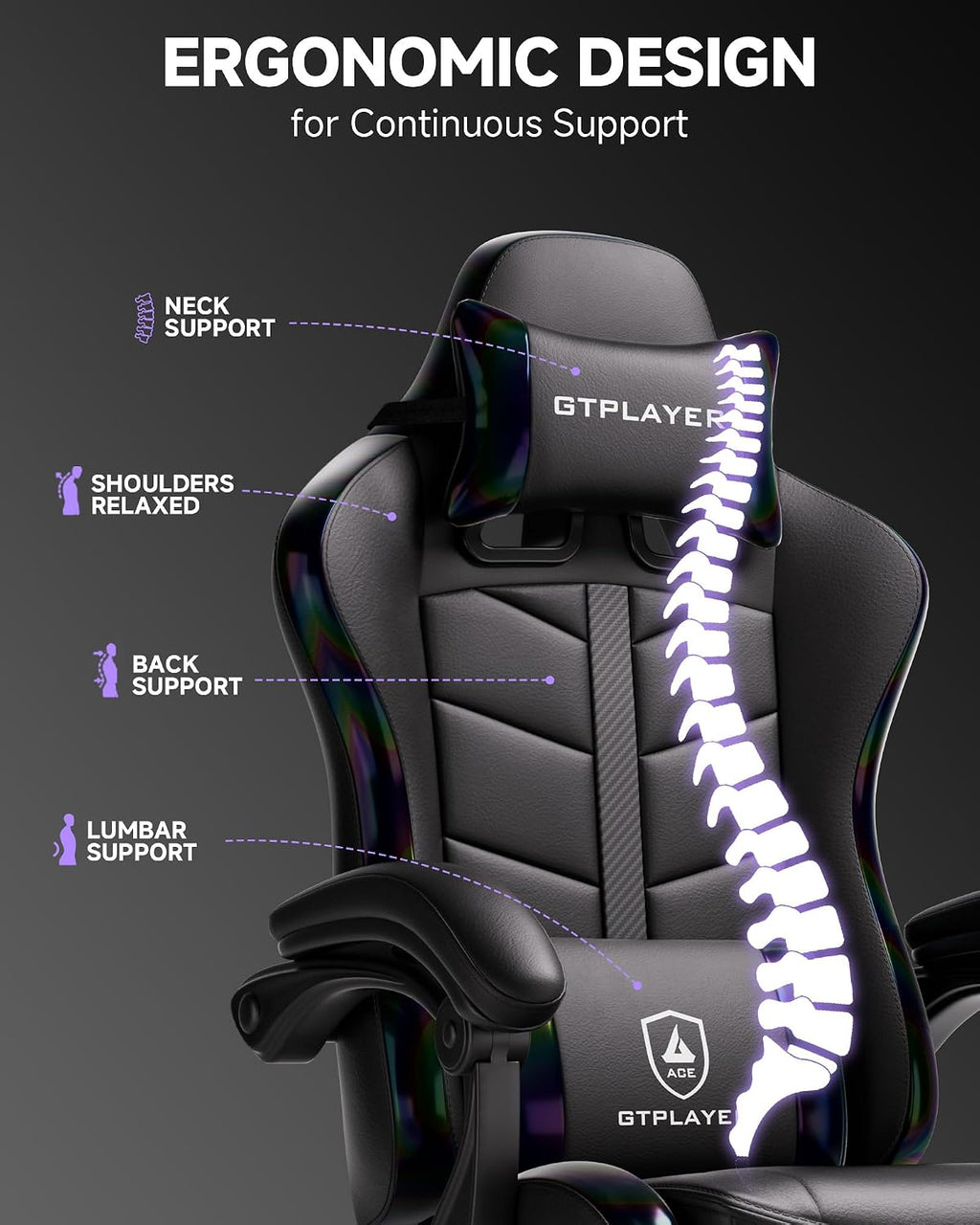 GTPLAYER Gaming Chair for Adults, Ergonomic Computer Gaming Chair with Footrest, Height Adjustable, 90-155° Recline & Removable Headrest Lumbar Support, Colorful Black