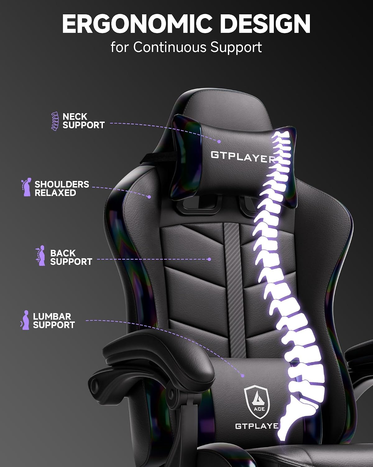 GTPLAYER Gaming Chair for Adults, Ergonomic Computer Gaming Chair with Footrest, Height Adjustable, 90-155° Recline & Removable Headrest Lumbar Support, Colorful Black