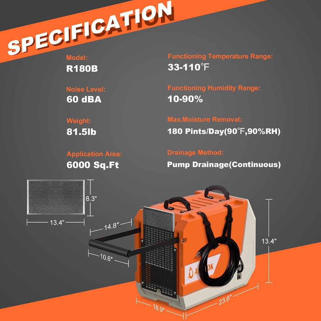 180 Pint Commercial Dehumidifier with Pump for Large Basements & Crawl Spaces, Continuous Drain Dehumidifier up to 6,000 Sq.Ft, Auto Defrost, Memory Restart, Digital Control, with Wheels