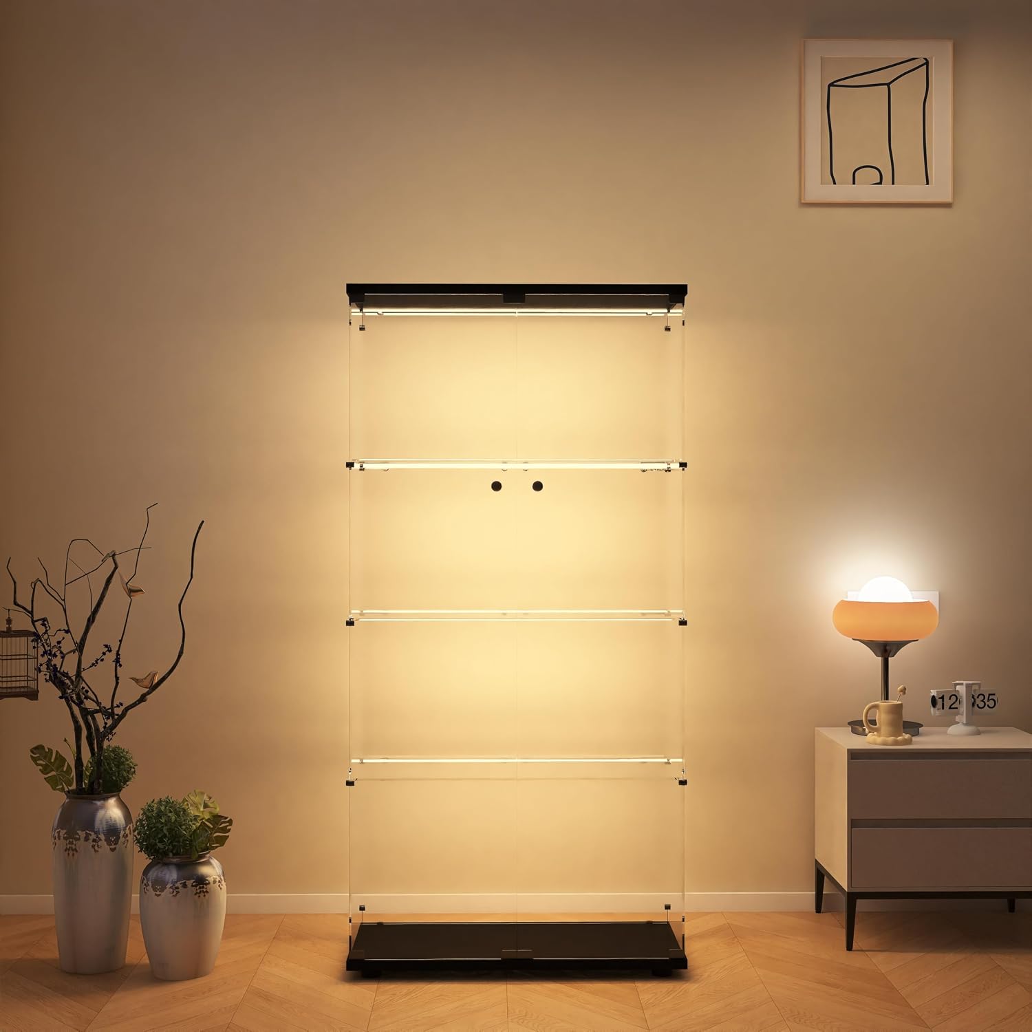 Modern 4-Tier Glass Display Shelf with 2 Doors, Curio Cabinet Collection - Floor Standing Display Case for Living Room, Bedroom, Home Office - 30' W x 14.5' D x 64' H (Black with LED Light Strip)