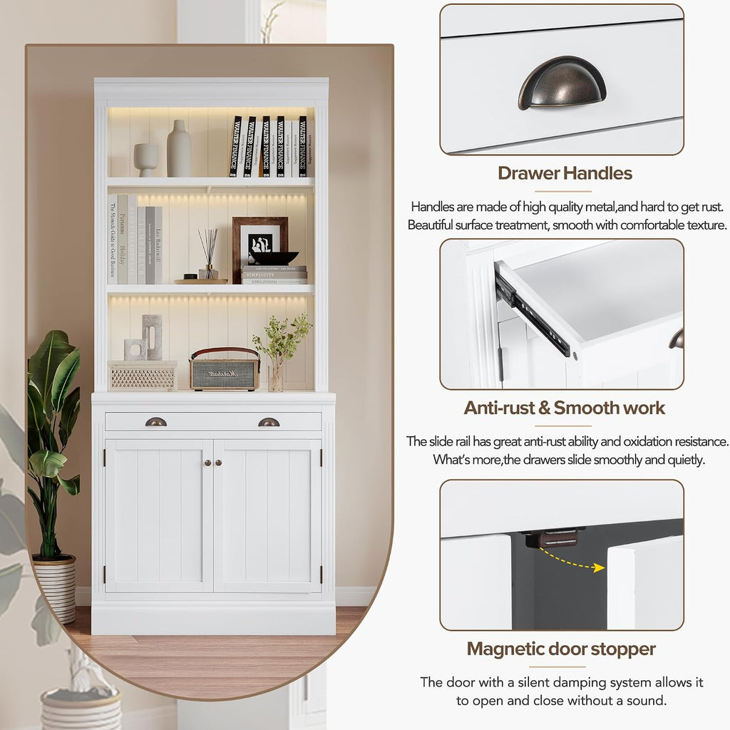 LUMISOL 83.4' Tall Bookshelf with Drawer and Cabinet, Freestanding Pantry Sideboard Cabinet with LED Lights, Solid Wood Tall Bookcase with Open Storage Shelves, White