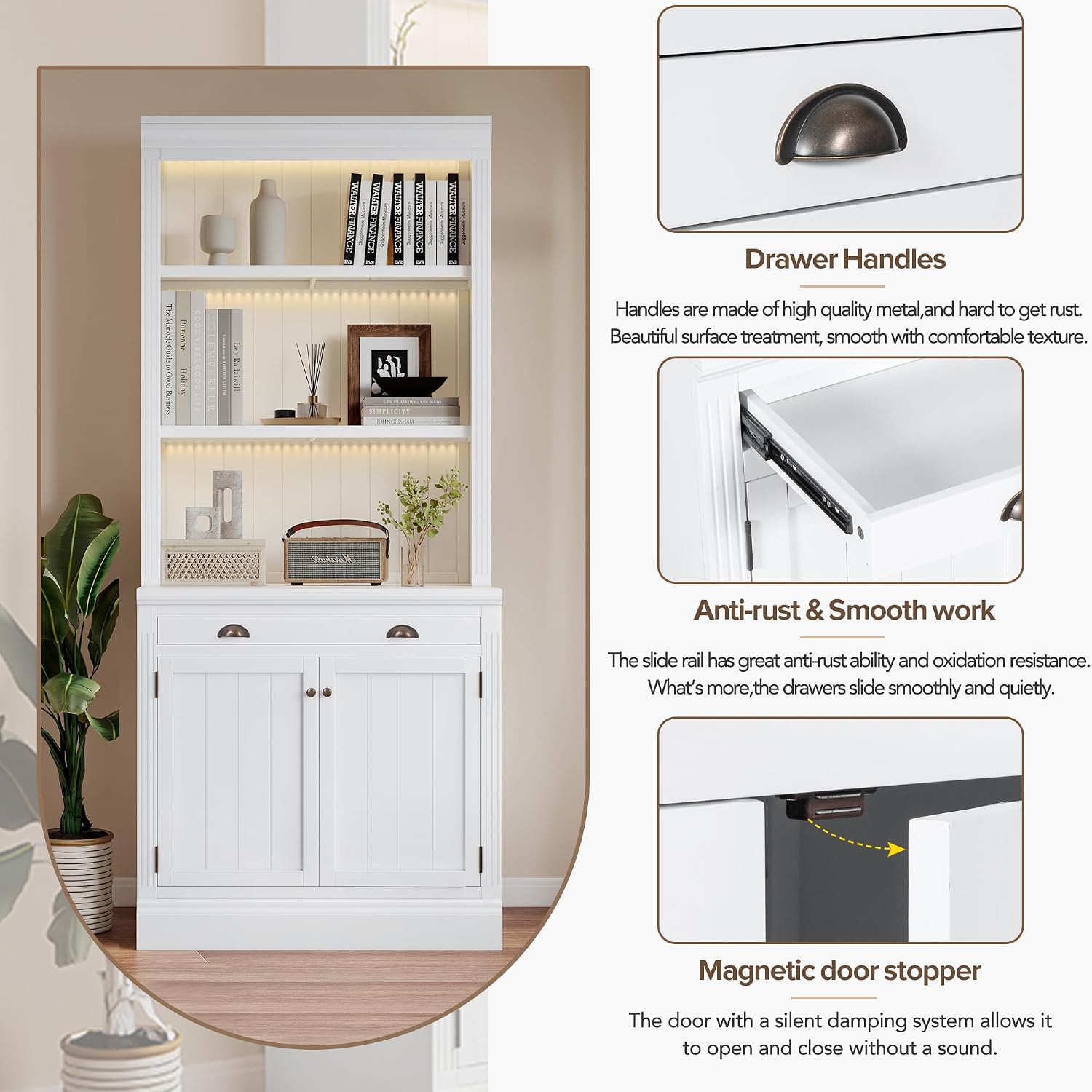LUMISOL 83.4' Tall Bookshelf with Drawer and Cabinet, Freestanding Pantry Sideboard Cabinet with LED Lights, Solid Wood Tall Bookcase with Open Storage Shelves, White