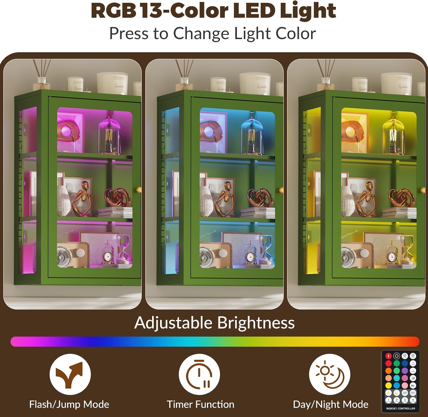 Bathroom Wall Cabinet with 13-Color Light, Wall Mounted 3-Sided Glass Display Cabinet with Adjustable Shelves, Floating Metal Medicine Storage Cabinet for Kitchen Living Room - Green