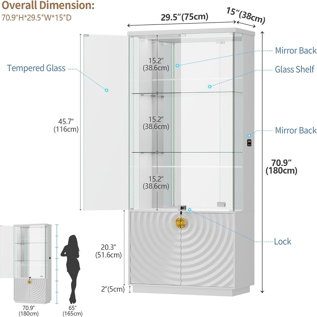 Lvifur 71'' Display Cabinet with Glass Doors,4-Tier Curio Cabinet with 3-Color Lights for Collectibles,Lockable Glass Display Case Human Body Sensor,Tall Bookcase w/Shelves&Drawers,White