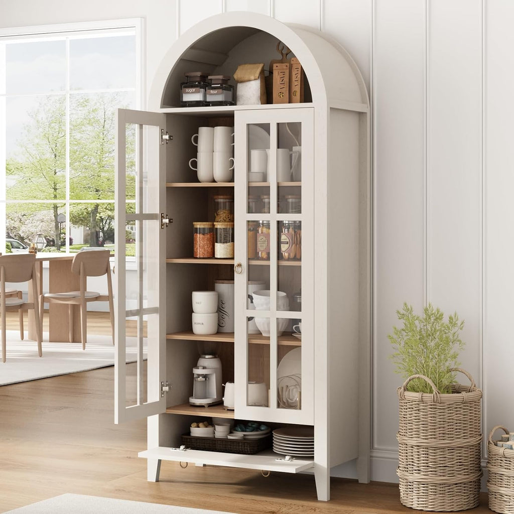70' Tall Arched Cabinet, Modern Farmhouse Wooden Display Cabinet with Glass Doors, 6 Tier Bookshelf with Adjustable Shelves for Living Room, Office, Antique White
