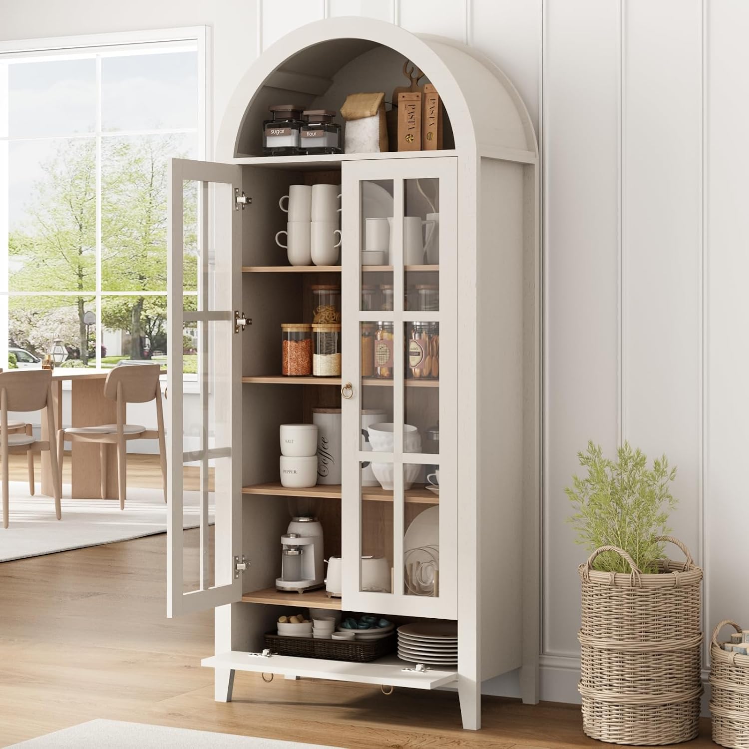 70' Tall Arched Cabinet, Modern Farmhouse Wooden Display Cabinet with Glass Doors, 6 Tier Bookshelf with Adjustable Shelves for Living Room, Office, Antique White