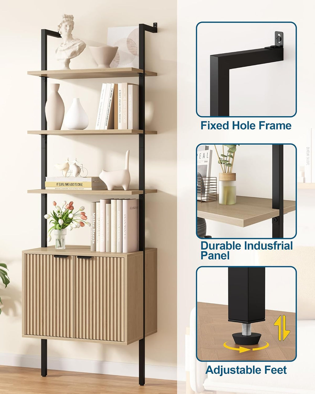 Yusong 73' Tall Bookshelf with Cabinet, Industrial Ladder Wall Mount Shelf Bookcase with Wood and Metal Frame, Plant Shelf Wall Storage Display for Living Room Bedroom, Wavy Light Ivory