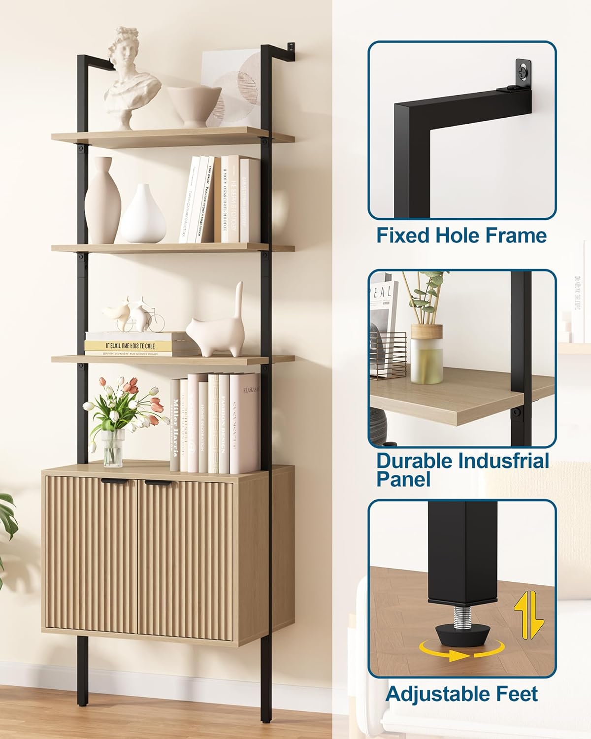 Yusong 73' Tall Bookshelf with Cabinet, Industrial Ladder Wall Mount Shelf Bookcase with Wood and Metal Frame, Plant Shelf Wall Storage Display for Living Room Bedroom, Wavy Light Ivory