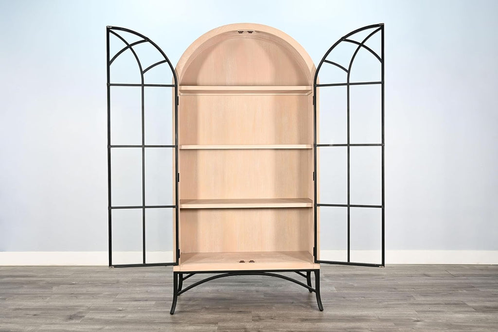 Sunny Designs Ella Arched Metal & Wood Display Cabinet with Glass Doors – Powder-Coated Steel Frame, Magnetic Latches, Adjustable Shelves, Windowpane Design, Living Room Storage (Bergen Oak)