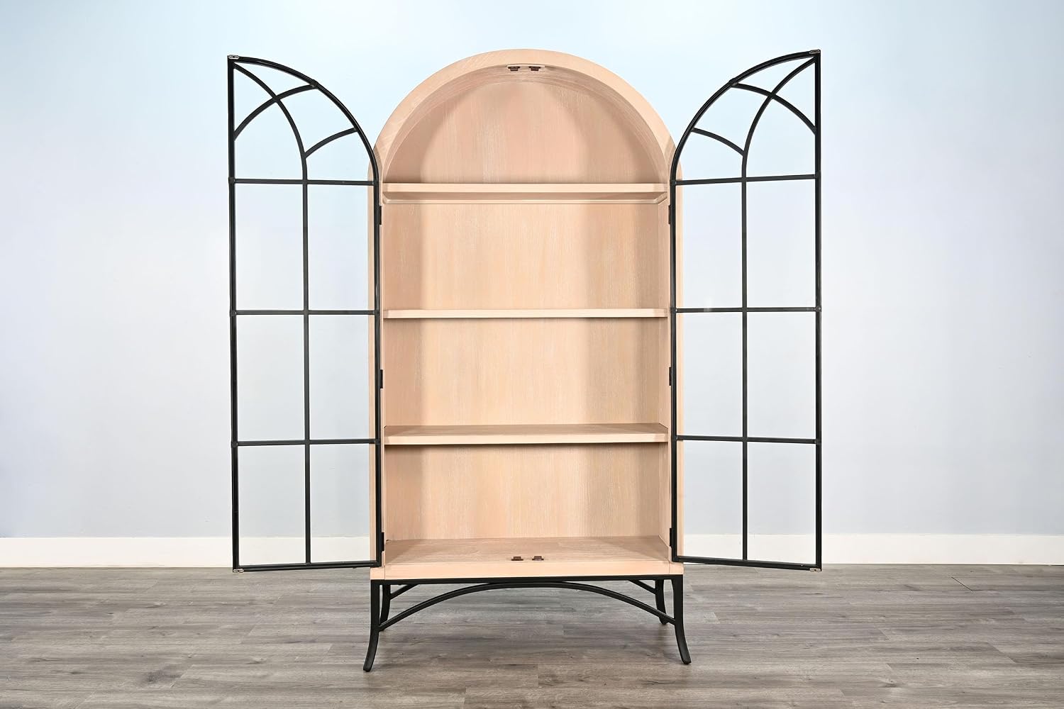 Sunny Designs Ella Arched Metal & Wood Display Cabinet with Glass Doors – Powder-Coated Steel Frame, Magnetic Latches, Adjustable Shelves, Windowpane Design, Living Room Storage (Bergen Oak)