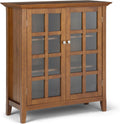 SIMPLIHOME Acadian Storage Cabinet - 39 inch Wide Solid Wood 4-Shelf Display Cabinet in Light Golden Brown, Transitional Cupboard for Living Room or Dining Room with Glass Doors and Adjustable Shelves