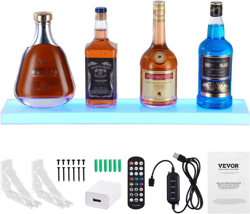 VEVOR LED Lighted Liquor Bottle Display, 1 Tier 24 Inch Wall Mounted Whiskey Rack Stand, 1 Step Commercial Illuminated Home Bar Shelf, Acrylic Drinks Light Shelves with RF Remote & App Control
