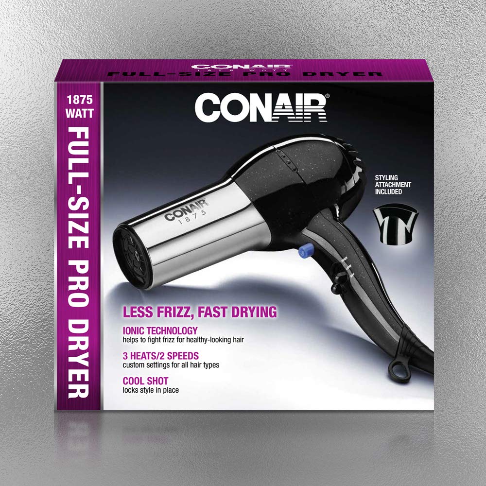 Conair Hair Dryer,1875W Full-Size Hair Dryer with Ionic Conditioning,Blow-Dryer,Tourmaline Ceramic Technology for Quick Drying,Black/Chrome,(Pack of 4)