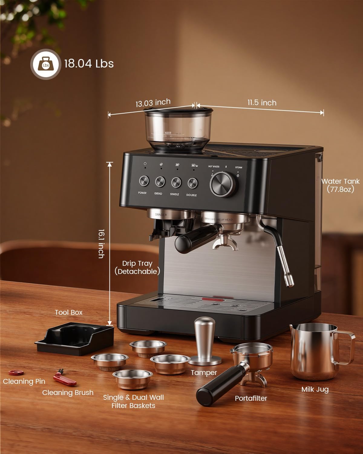 (2026 Upgrade) Espresso Machine with Grinder, Expresso Coffee Machines with Built-in Anti-Clog Coffee Grinder/Milk Steam Wand/Frother, Expresso Machines for Home Perfect Cappuccino & Latte-Matte Black