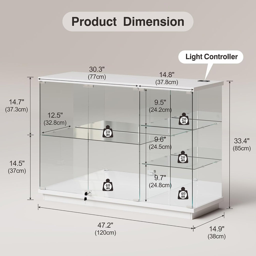 Lvifur RGB High Gloss Display Cabinet - with Lock, Curio Cabinet with Human Body Sensor & Glass Shelves for Toys, Books, Collectibles, Liquor, Bookcase for Living Room, Kitchen, Study, White
