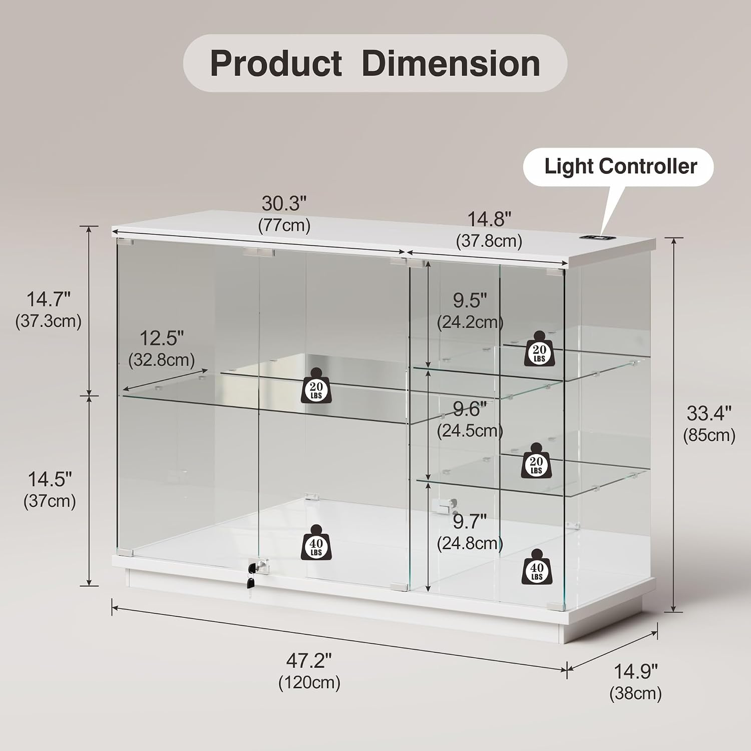 Lvifur RGB High Gloss Display Cabinet - with Lock, Curio Cabinet with Human Body Sensor & Glass Shelves for Toys, Books, Collectibles, Liquor, Bookcase for Living Room, Kitchen, Study, White