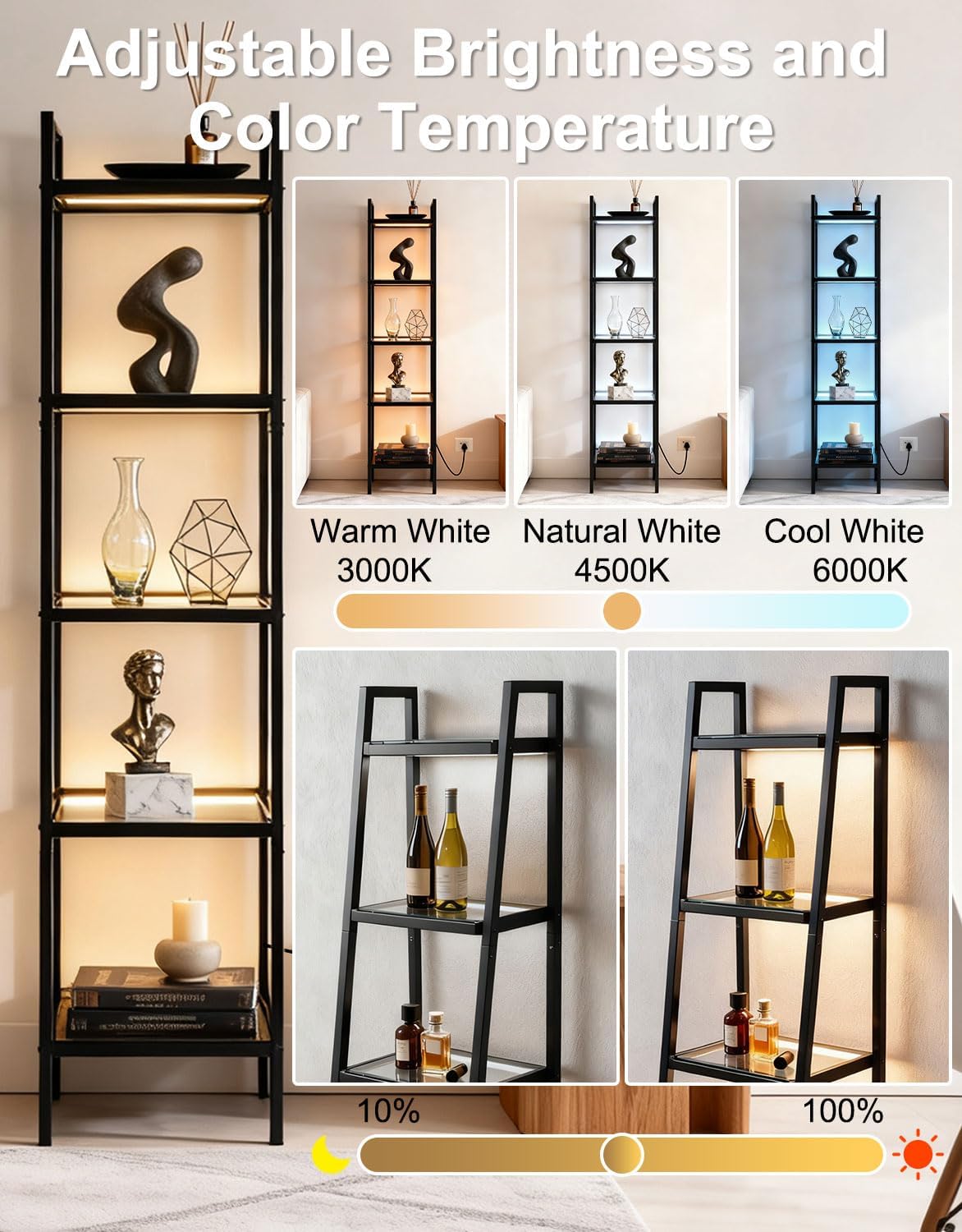 5-Tier Glass Display Shelf with RGB Light, 67' Ladder Bookshelf, Music Sync & 3 CCT, Dimmable App/Remote, Modern Freestanding Corner Storage Rack, Metal Organizer for Living Room Home Office, Black