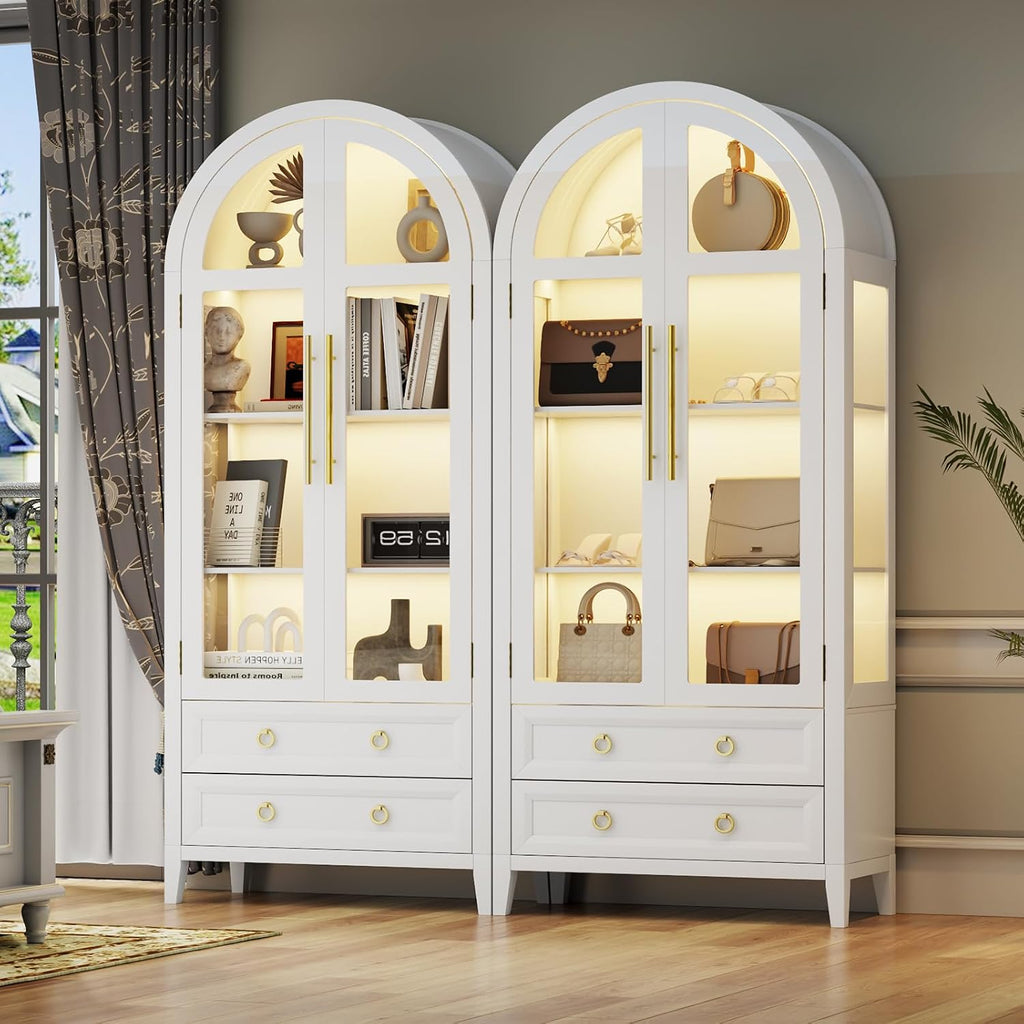 Vlsrka 71 Inch Arched Curio Cabinet, 4-Tier Display Cabinet and 2 Drawers, Tall Bookcase with 3 Color Lights, Display Case with Glass Doors, Kitchen Pantry, White