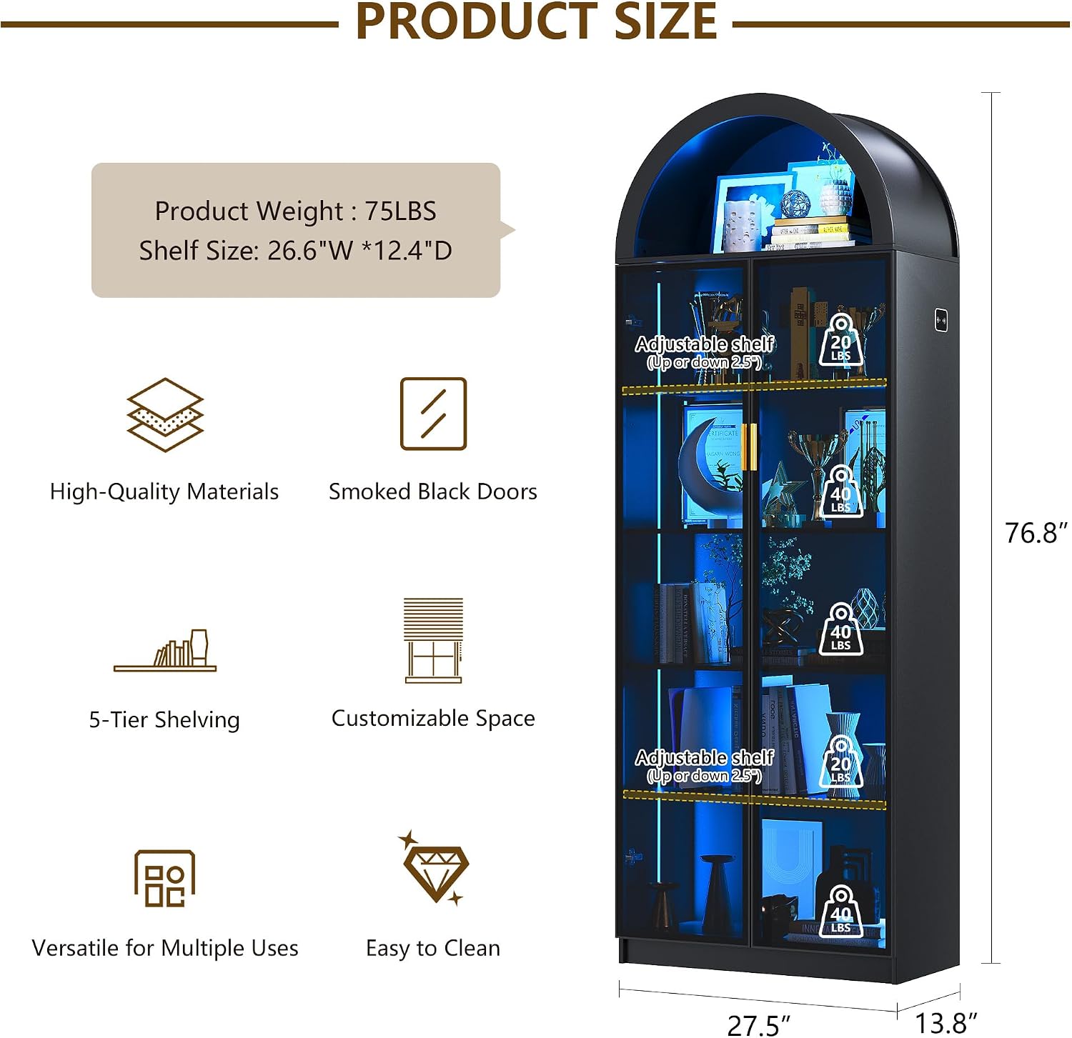 FREDEES Arch Display Cabinet with Doors, 76' Tall Display Case with Adjustable Shelves/3 Colors LED Lights, 6 Tier Bookcase for Collectibles Bedroom Living Room Office, Black