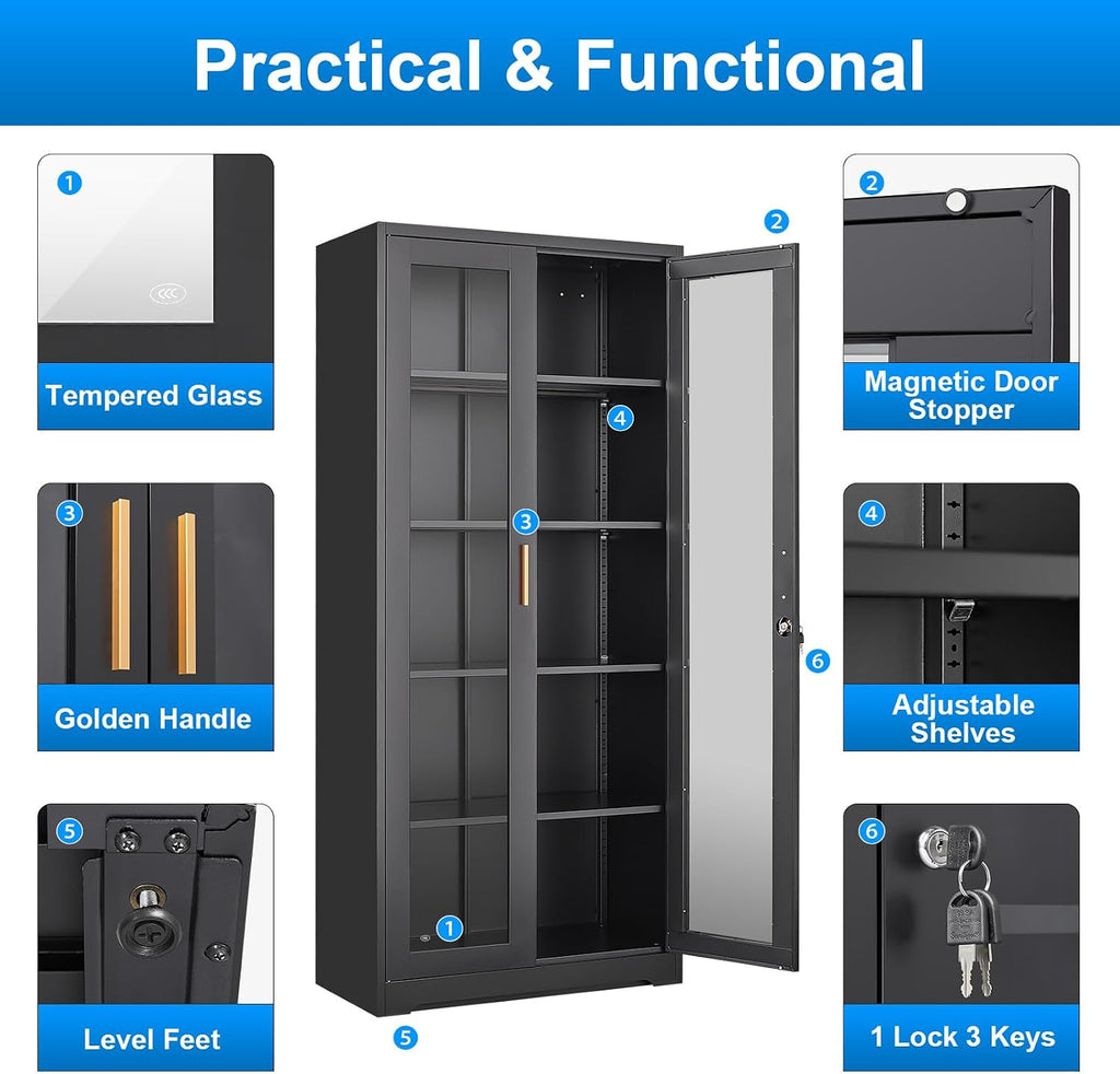 Polup Glass Display Cabinet with Lock, Metal Curio Cabinet with Tempered Glass Doors & Adjustable Shelves, Heavy-Duty China Cabinets for Living Room, School, Commercial, Black, Assembly Required