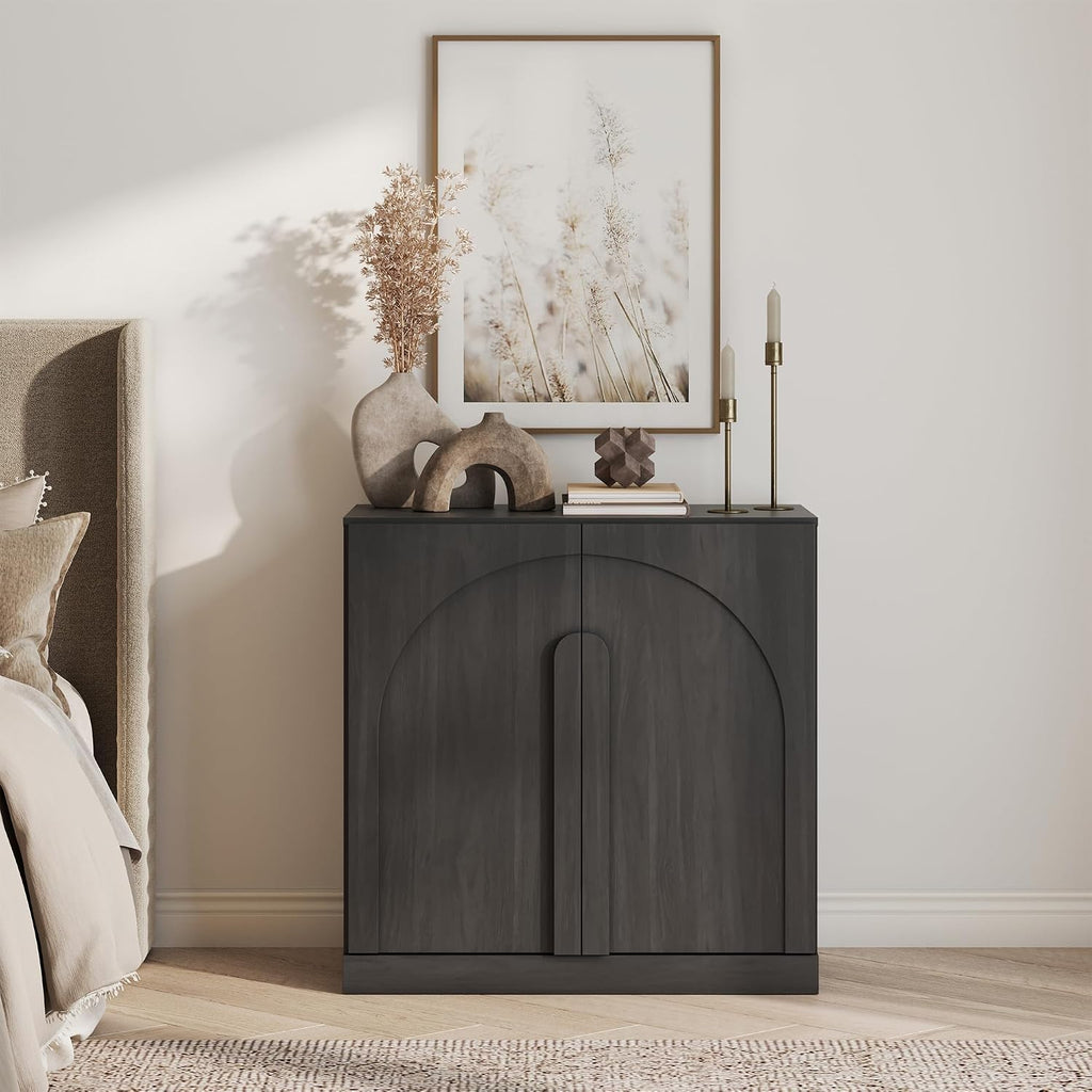 BELLEZE 2 Tier Bookshelf with Arched Wood Door, Modern Display Bookcase Shelf with Storage and Adjustable Shelves, Wood Bookshelves for Living Room Office Entryway (Ebony)