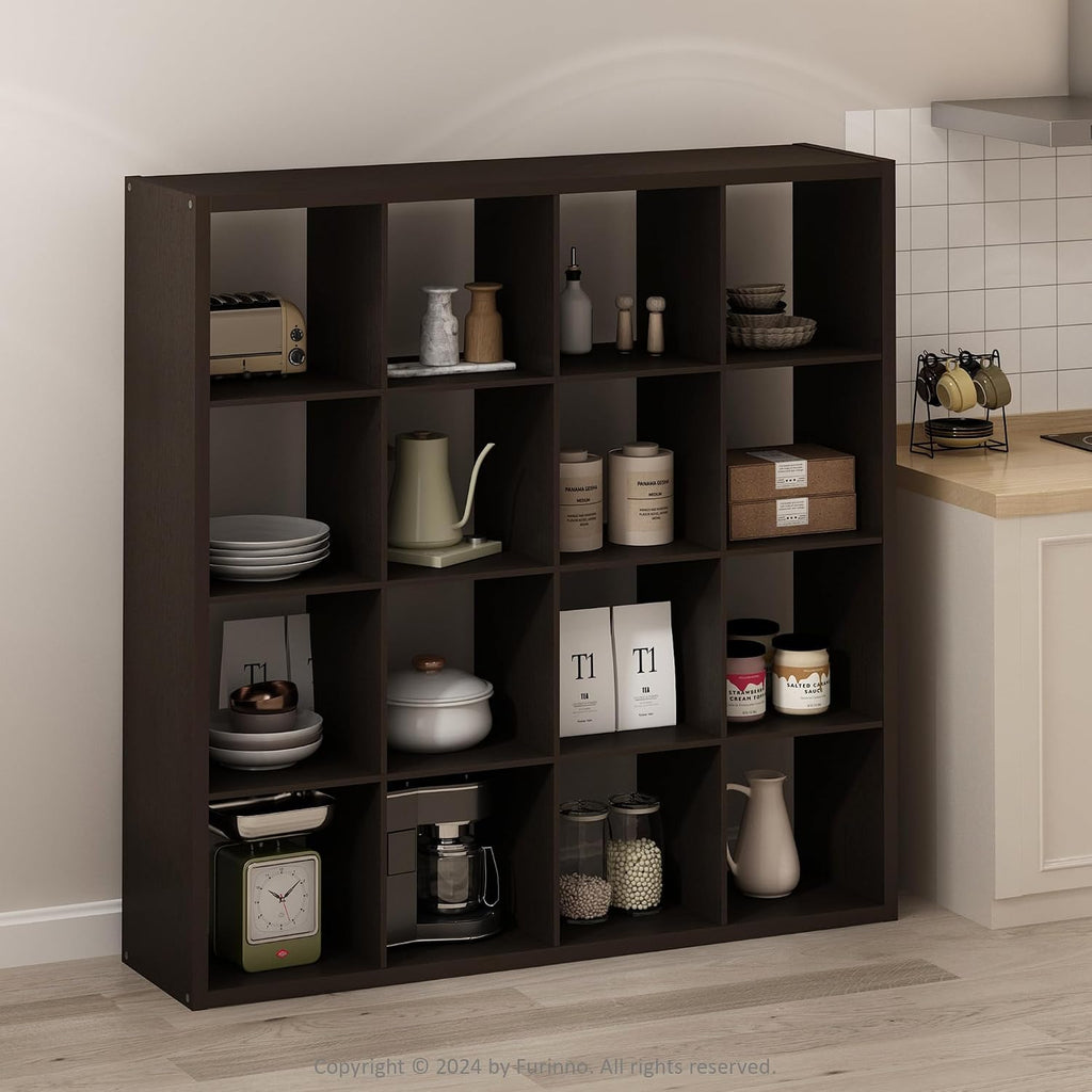 Furinno Simple Cube Storage Organizer, 16-Cube Display Shelf, Open Back Shelving Unit, Storage Shelves, Extra Thick Frame, for Organization and Storage, Living Room, Home Office, Dark Oak