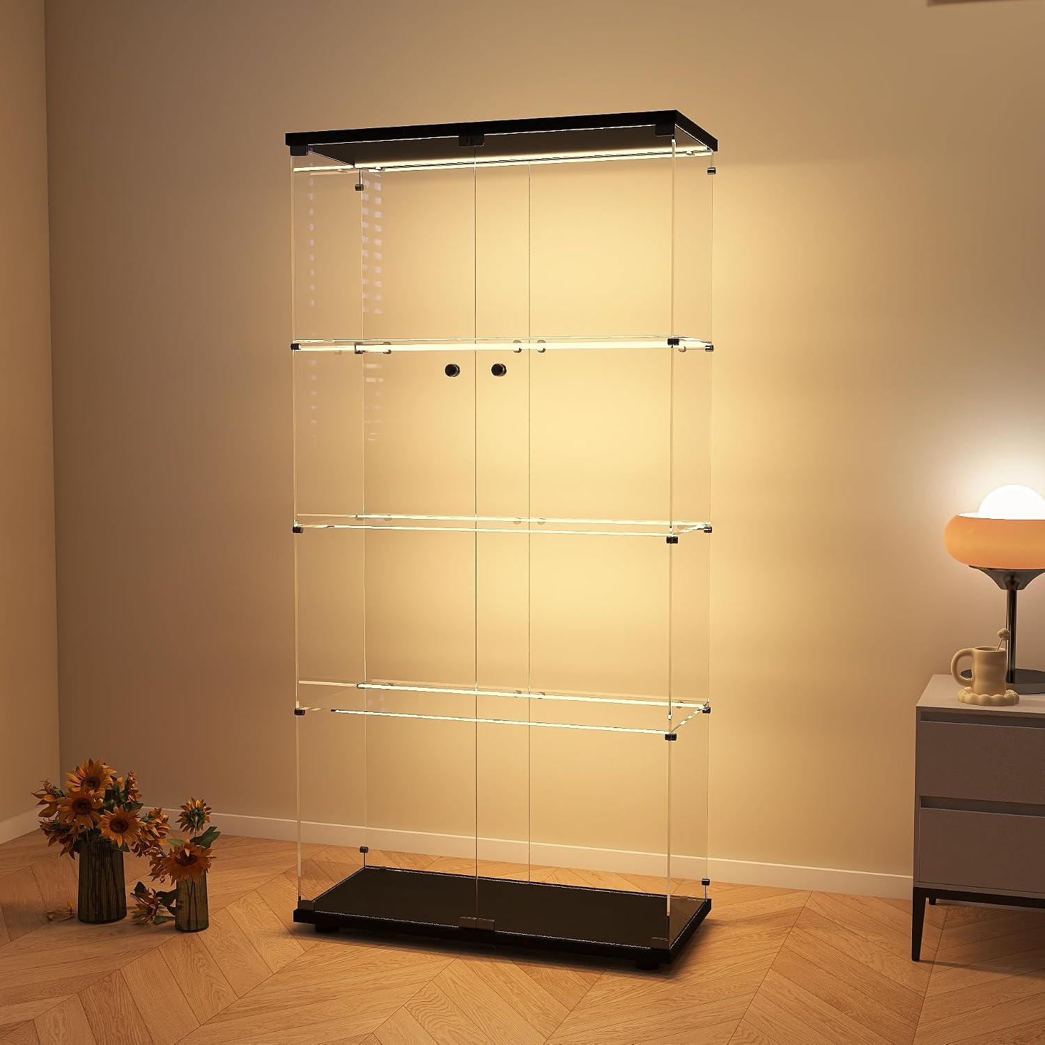 Modern 4-Tier Glass Display Shelf with 2 Doors, Curio Cabinet Collection - Floor Standing Display Case for Living Room, Bedroom, Home Office - 30' W x 14.5' D x 64' H (Black with LED Light Strip)