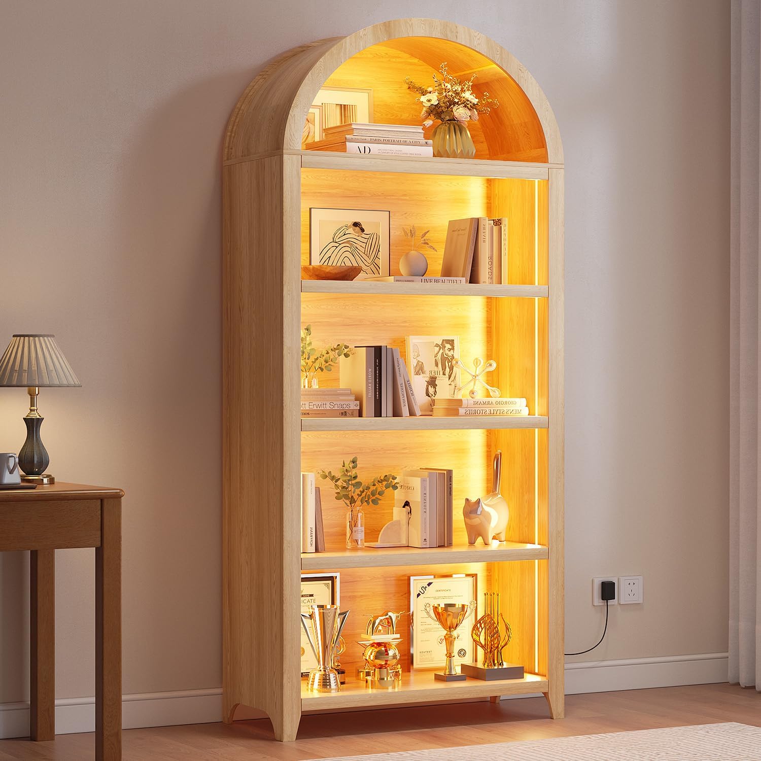 Arch Bookcase - 5 Tiers Bookshelf with 3 Colors LED Sensor Lights and Thickened Wooden Design Display Shelf for Lego Books Bathroom Living Room - Ideal Gift (Wood)