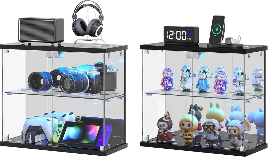 Dystler 2pcs LED Clear Glass Display Case - for Figures & Collectibles, Small 2-Tier Display Cabinet with Charging Station, Display Box with Lights & Human Sensor, for Model Car, Perfume, Black